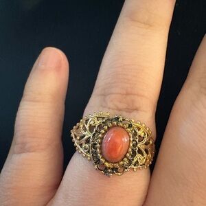 Vintage Gold Tone Filigree Ring Coral Color Cabochon Adjustable Costume